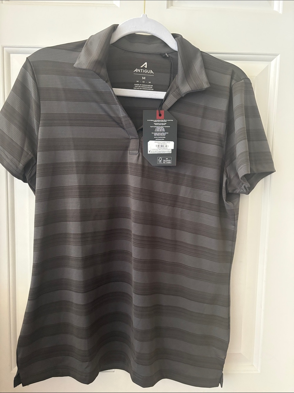 Antigua Women's Charcoal and Light Grey Striped Golf Shirt - brand new with tags
